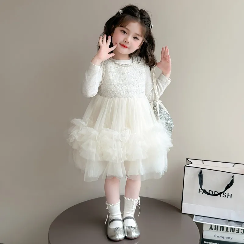 Kinder Süße Kleidung Set Mode Kinder Perlen Mantel + Tutu Kleid Vintage Prinzessin Outfits Anzug Herbst Frühling 2025, Neue – Detail 1