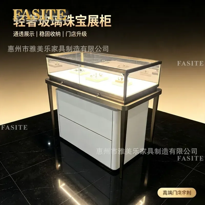 For Jewelry Store Light Luxury Display Cabinet Stainless Steel Glass Counter Gold Showcase Customizable Factory Direct
