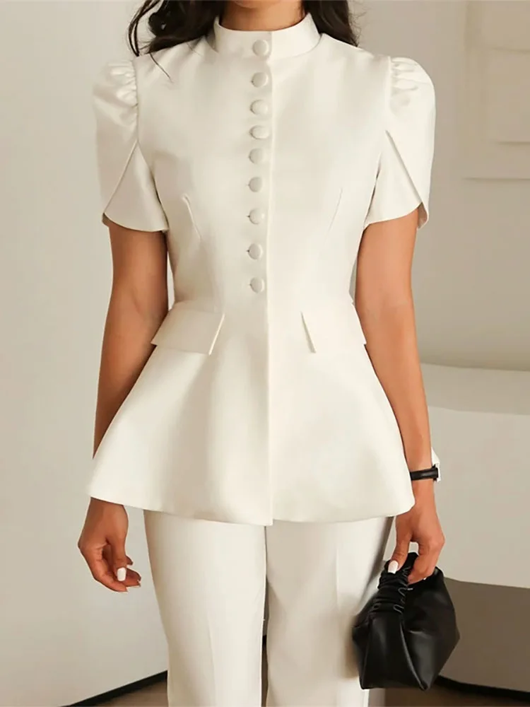 Stand up collar single breasted high waist slimming high street style commuting top spring and summer new sweet and fresh top