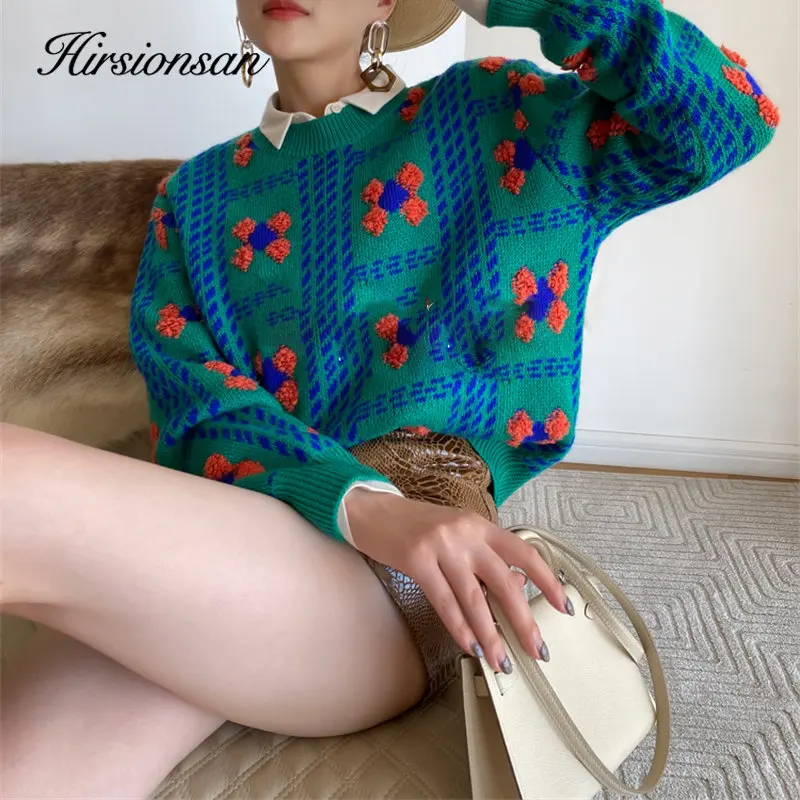 Hirsionsan Winter Floral Graphic Knitted Sweater Women Loose Basic Embroidery Knitwear Pullover Female Vintage Woman Jumpers