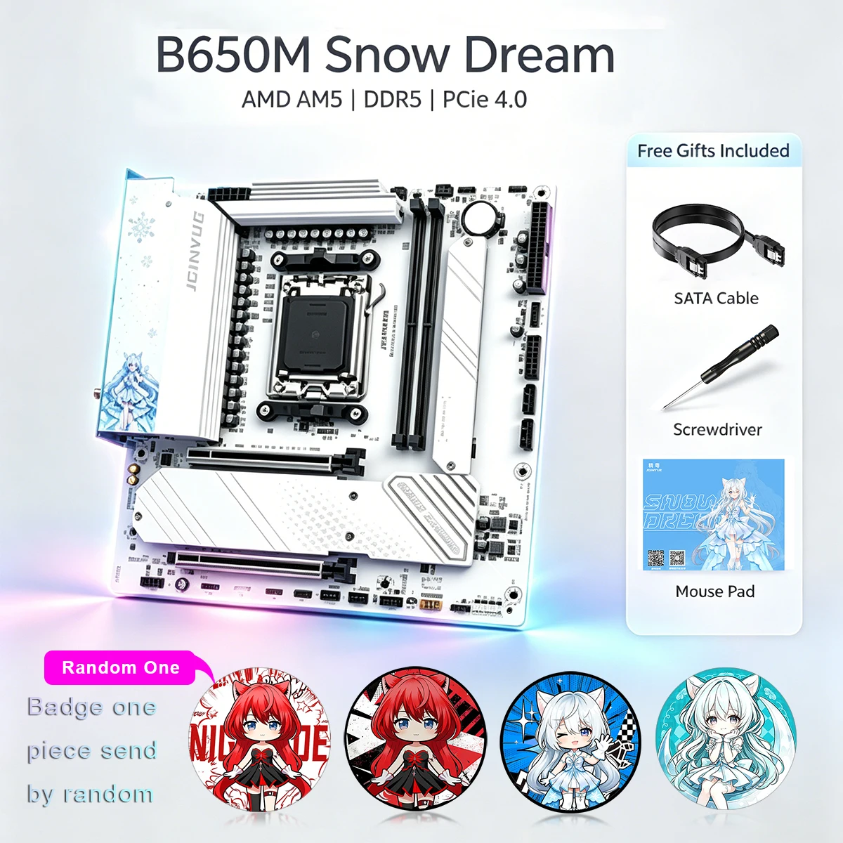 JINGYUE B650M Snow Dream Motherboard, AMD AM5 Socket DDR5, PCIe 4.0, 2.5G LAN, 19-Phase, M-ATX White, Ryzen 7000/8000/9000 ARGB