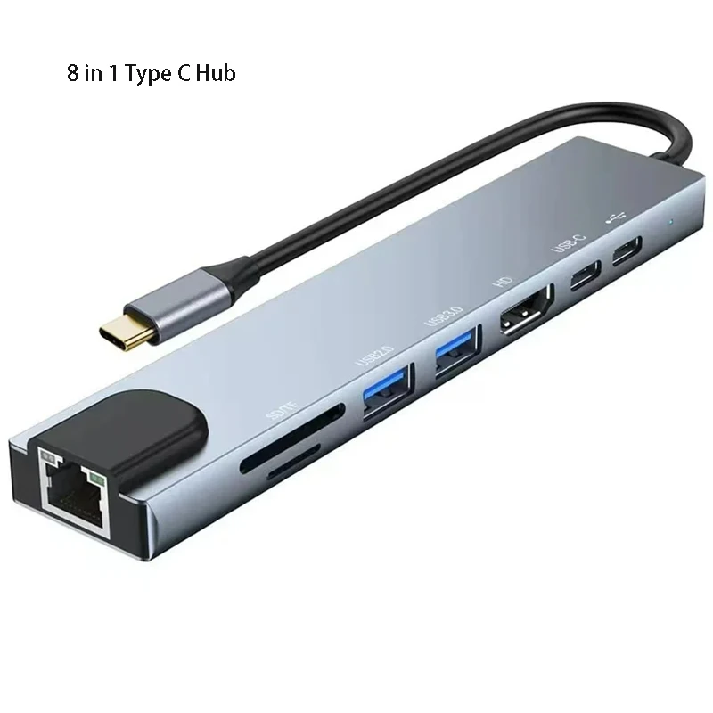 Type C Hub 8 In 1 Usb Hub Met Hdmi Laptop Converter Usb C Adapter Usb 3.0 2.0 Schijf Ethernet Kabel Otg Kaartlezer Opladen Dock