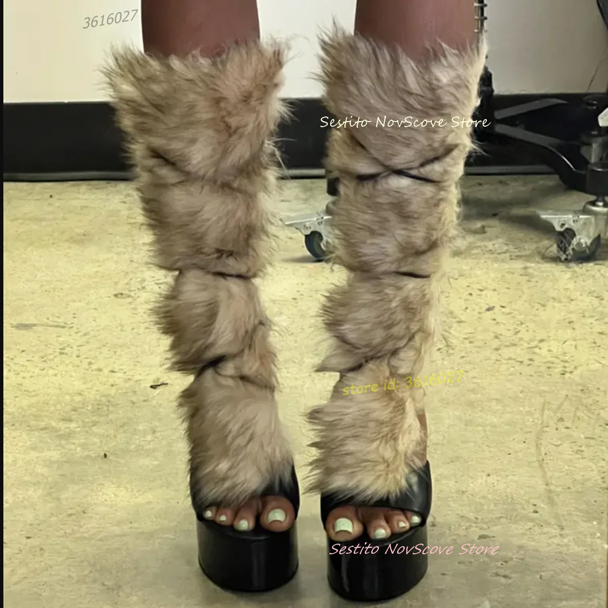 

Furry Lace Up Platform Sandals Open Toe Black Leather Block High Heels Fur Heel Slingback Cross Straps Summer Knee High Sandals