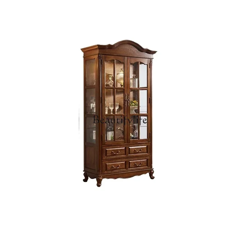 

American Wine Cabinet Display with Lights All Solid Wood Vintage Glass Door against the Wall European High-End Clothes Closet