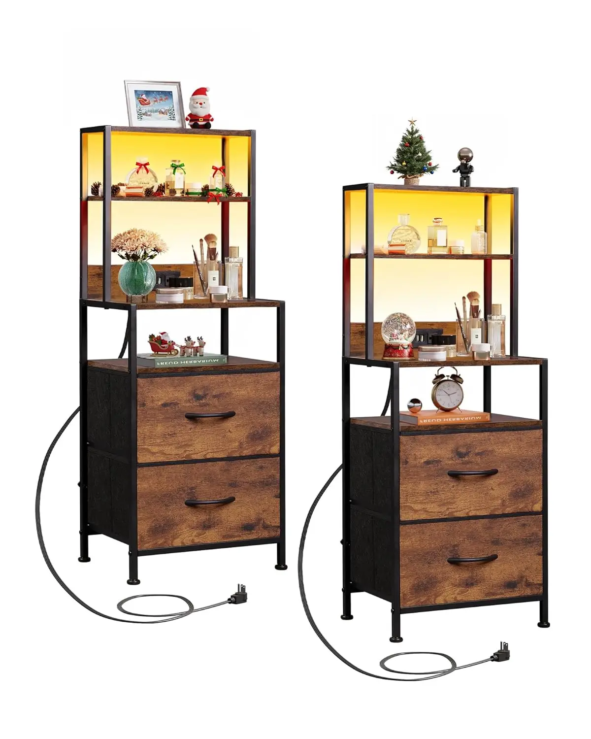 

LED Nightstand Set with Charging Station 2 Drawers 4 Open Shelves Fabric Dresser Bedroom Rustic Brown Customized