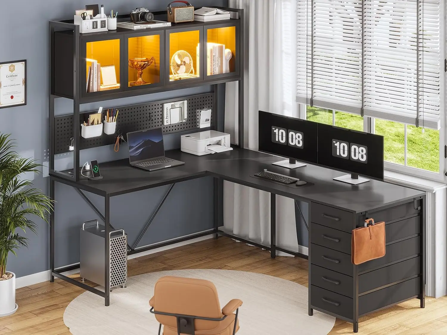 L Shaped Gaming Corner Desk with Drawers, Hutch and Storage Shelves, Customized