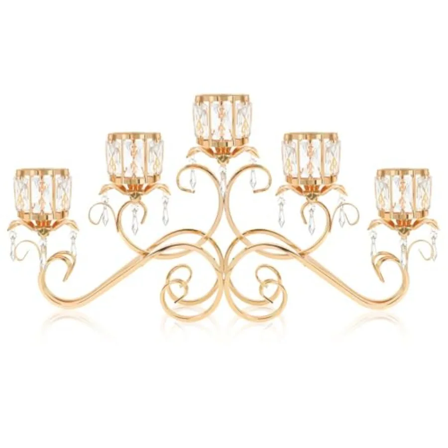 Gold 5 Arms 26.8 Inches Wide Crystal Pendant Bowl Tea Light Candle Holder, Large Bling Centerpiece Table Decorations, Metal Vot