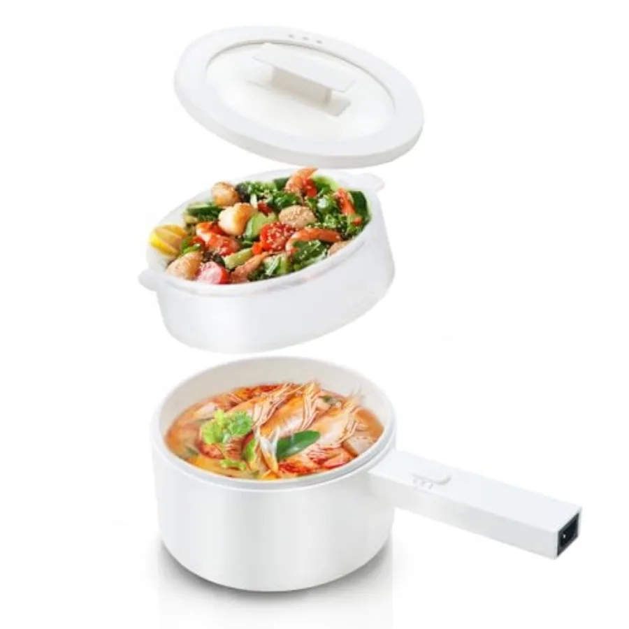 Olla Eléctrica Portátil de Cerámica Antiadherente de 1.5L para Carne, Huevo, Arroz Frito, Ramen, Avena y Sopa con 2 Accesorios