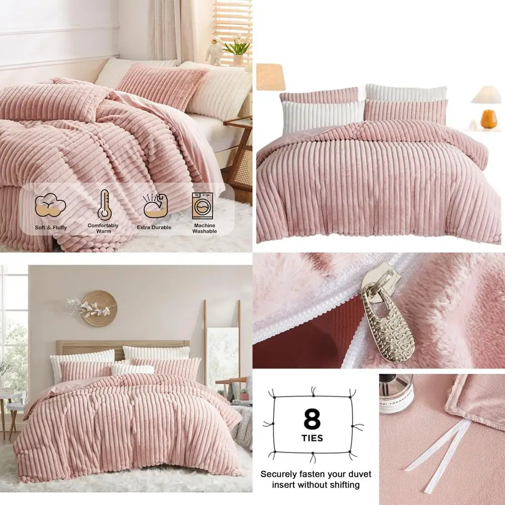 

Комплект постельного белья из искусственного кроличьего меха размера «queen-size» в полоску, плюшевый пододеяльник и 2 шама