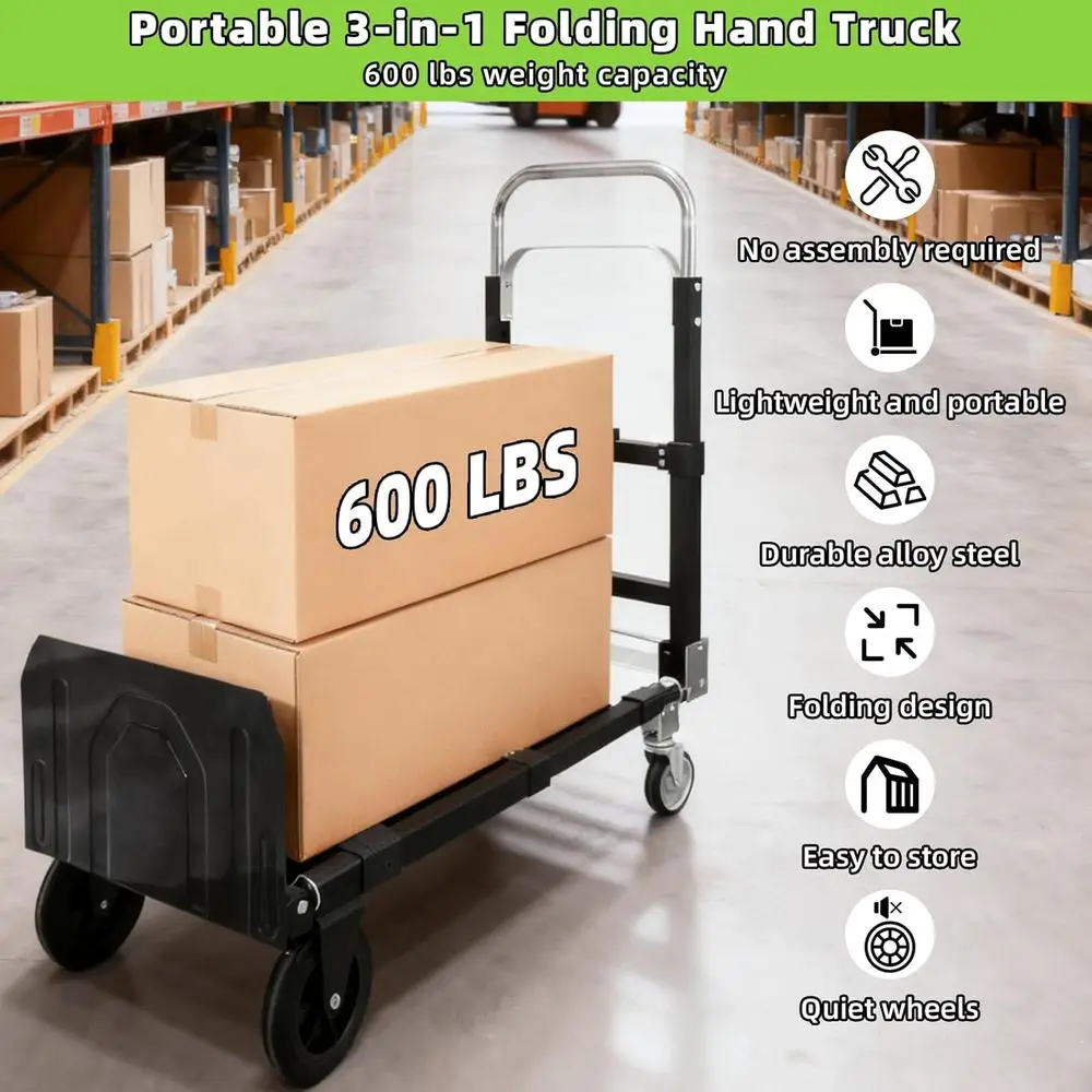 Carrinho utilitário dobrável 3 em 1, carga de 600 libras, carrinho dobrável durável com alça telescópica e 4 rodas de borracha para casa, fora