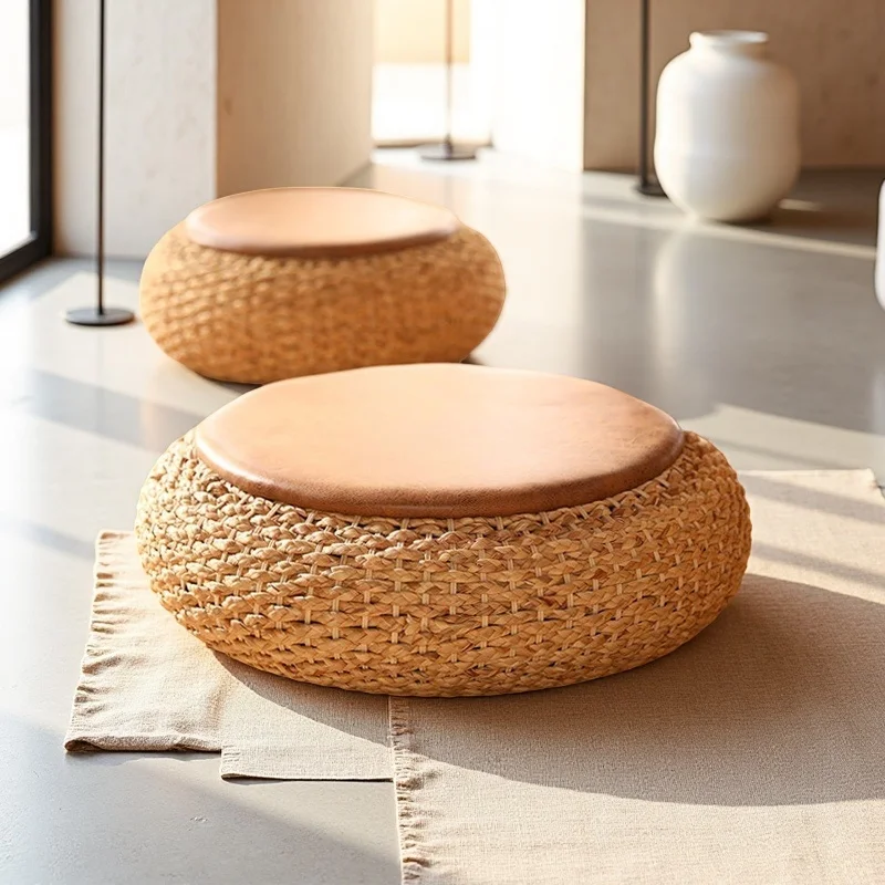 

Round Straw Pouf Ottoman – Handwoven Natural Fiber Floor Seating, Boho Footstool, Accent Stool for Living Roomor Patio