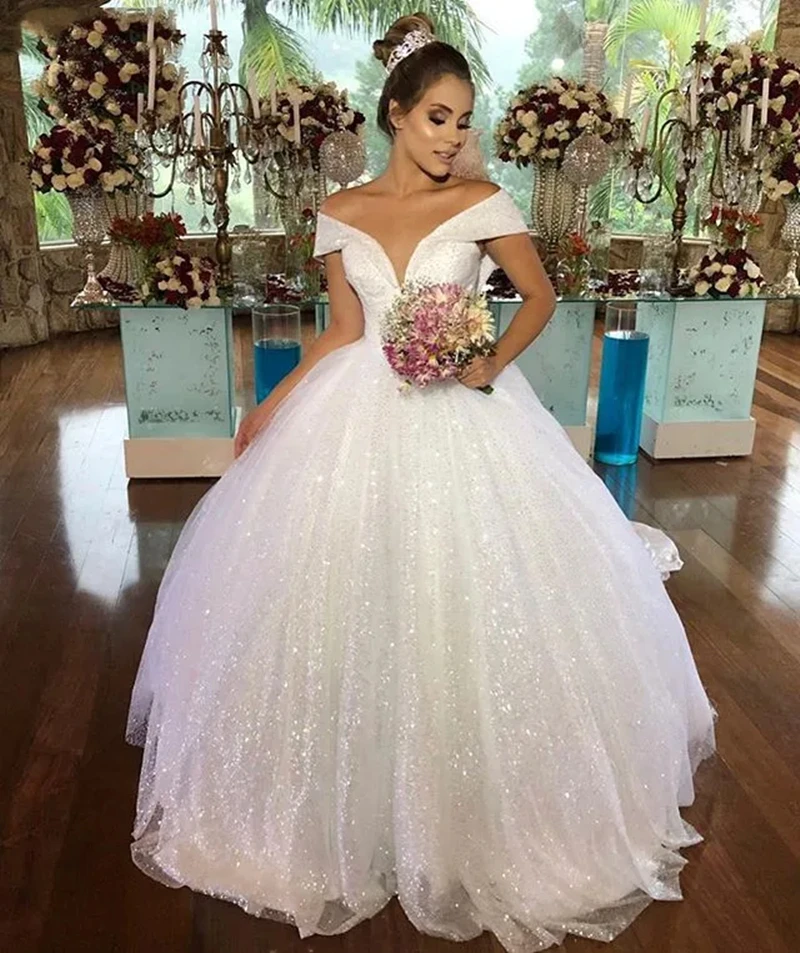 Vestido de novia blanco brillante con lentejuelas, vestido de novia de manga corta con hombros descubiertos, largo hasta el suelo, con cordones en la espalda, 2024