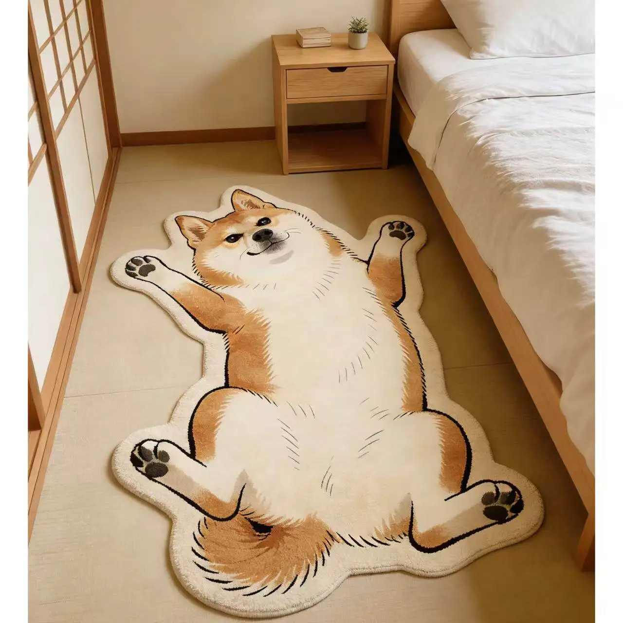 VIKAMA Lying On Back Shiba Inu Shaped Rug Non Slip Washable Soft Plush Floor Mat Creative Bedroom Bedside Carpet Home Decor Mat
