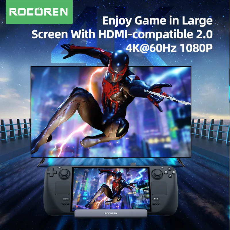 Rocoren 스팀 데크 도킹 스테이션, 6 in 1 USB C 허브, HDMI 호환 4K60Hz RJ45 독, 스팀데크 닌텐도 스위치 ASUS 로그 앨리용