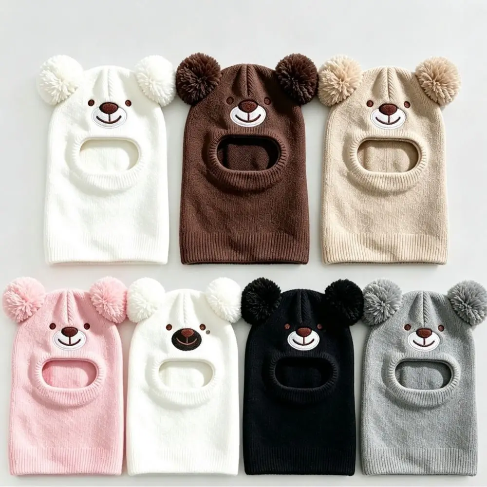 Cartoon Bear One-Piece Knitted Hats Double Pom Poms Windproof Bear Headscarves Full Coverage Face Opening Bear Balaclava Hat