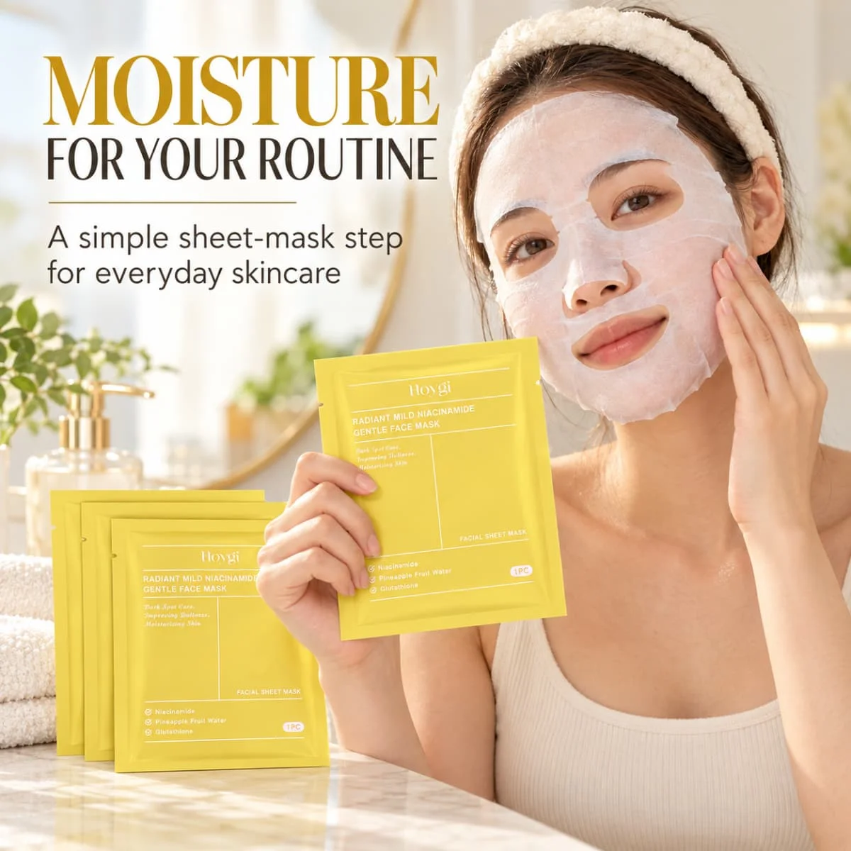 Hoygi Radiant Mild Niacinamide Face Mask 4 PCS, Hydrating Soothing Sheet Mask with Niacinamide and Glutathione, Gentle Daily Skin Care