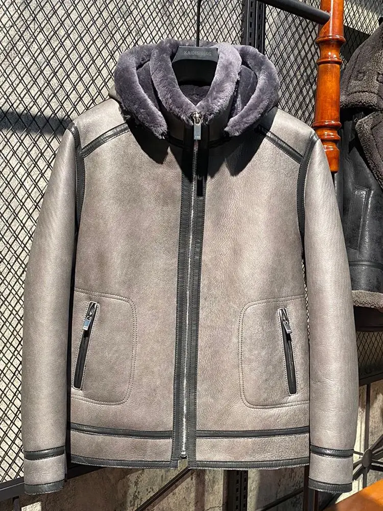 2025 Men's Winter Fashion Coat Genuine Sheepskin Lambskin Shearling Pilot Bomber Jacket with a Hood Grey Thick Wool Liner XXXXXL