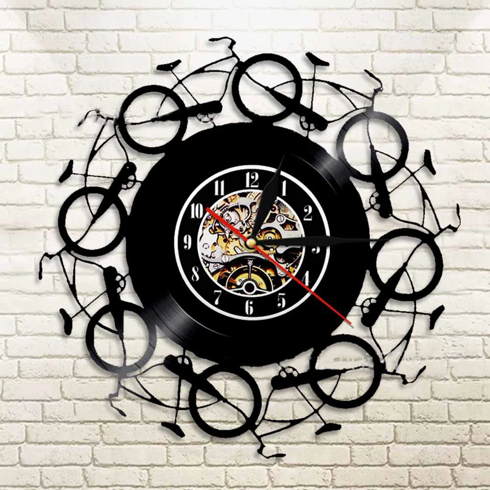 12INCH Vintage Vinyl Record Wall Clock Retro Design Bicycle Vinyl Record Clocks Wall Watch Art Home Decor Gifts for Gym Decor