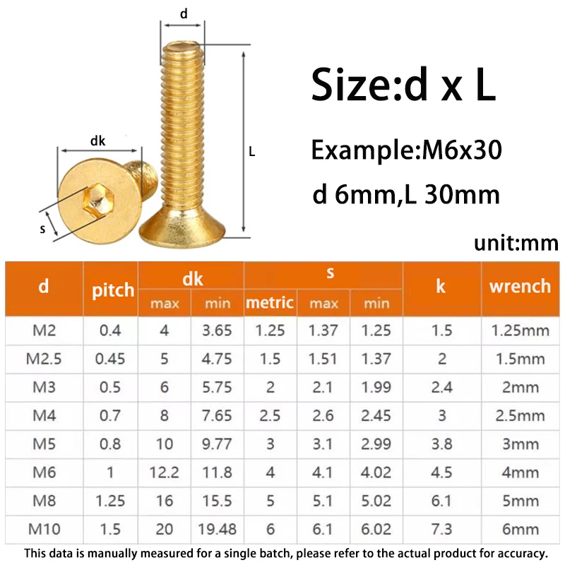 1-50pcs Pure Brass Flat Hexagon Socket countersunk Head Screws M2 M2.5 M3 M4 M5 M6 M8 M10 Hex Socket Machine Screw DIN7991