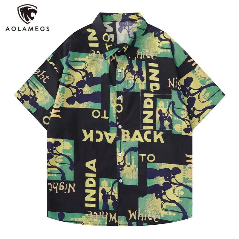 

Men Short Sleeve Shirts American Street Graffiti Printed Blouses Hong Kong Style Retro Loose Casual Summer Tops Unisex