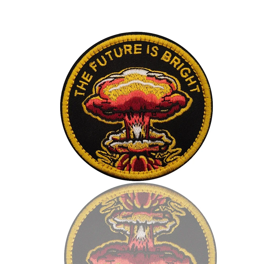 Mushroom cloud The Future Is Bright Black Yellow Embroidery Tactical Circle Fabric Patch For Tactical Overcoat Army Applique