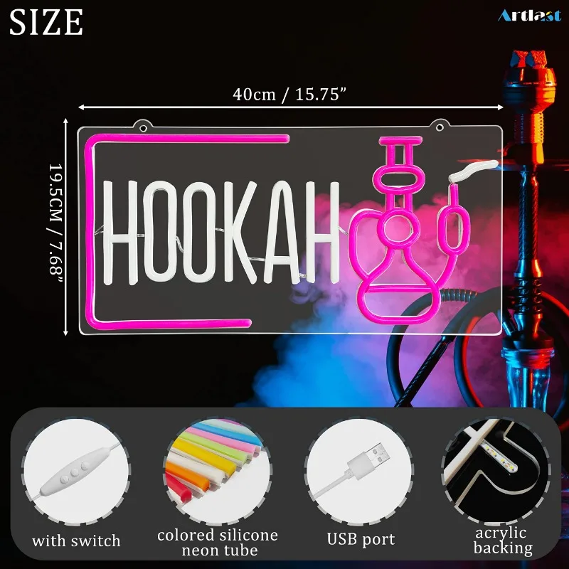 Hookah Neon Sign LED Hookah Smoke Shop Hookah Wall Decor for Man Cave Bar Smoke Louge Business Open  Light Party Decoration