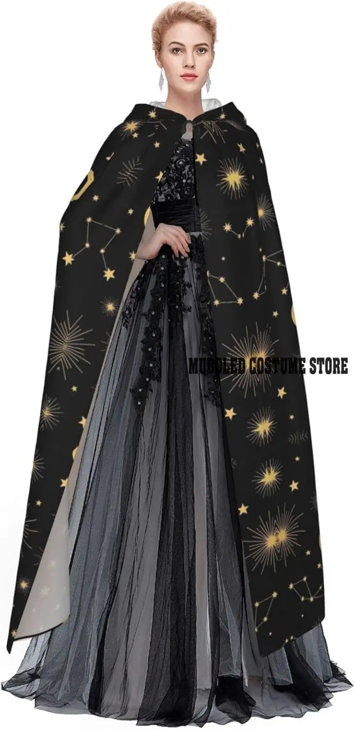 النجوم والقمر مقنعين عباءة الساحرة زي تأثيري كيب هالوين معطف الكبار للجنسين