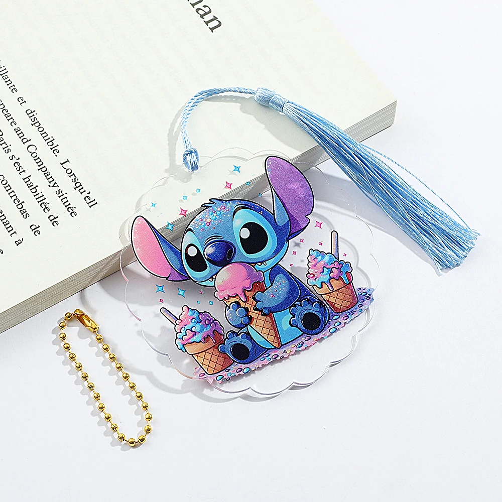 1Pcs Cute Stitch Round Bookmark, Clear Acrylic Bookmark with Tassel for Fans Collection Book Lovers Pearl Lanyard Gift for Women