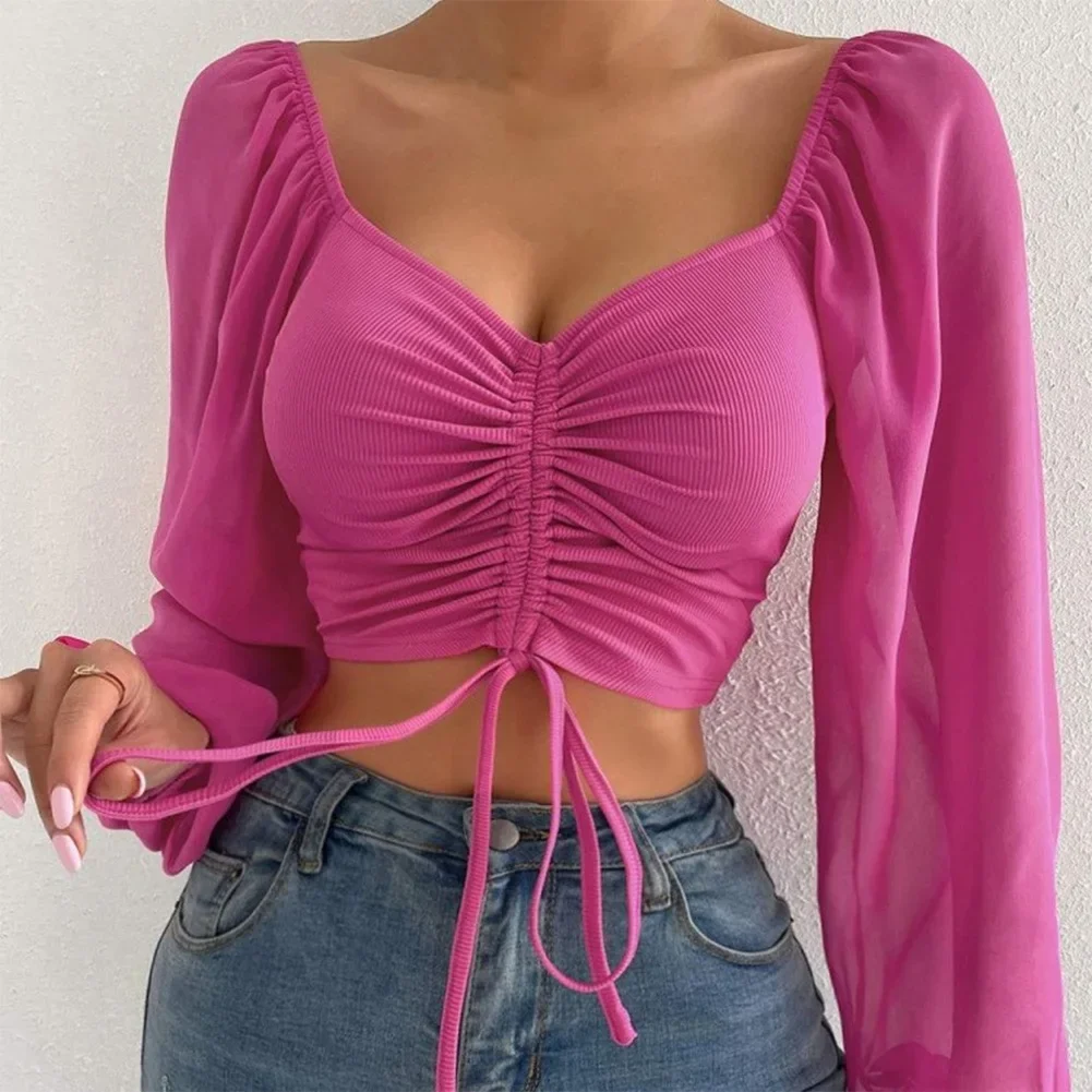 Women\'s Sexy Tops Puff Sleeve Close-Fitting Drawstring Comfortable V-neck Hot Party Breathable Elastic Tee Shirts Fashion 2024