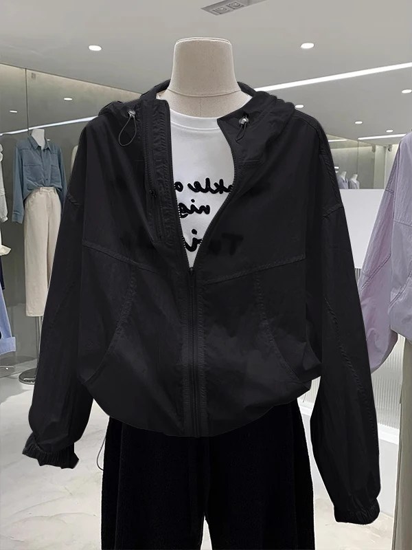 Leve verão novo casual com capuz jaqueta com zíper f proteção solar topo camada fina versátil única camada outerwear