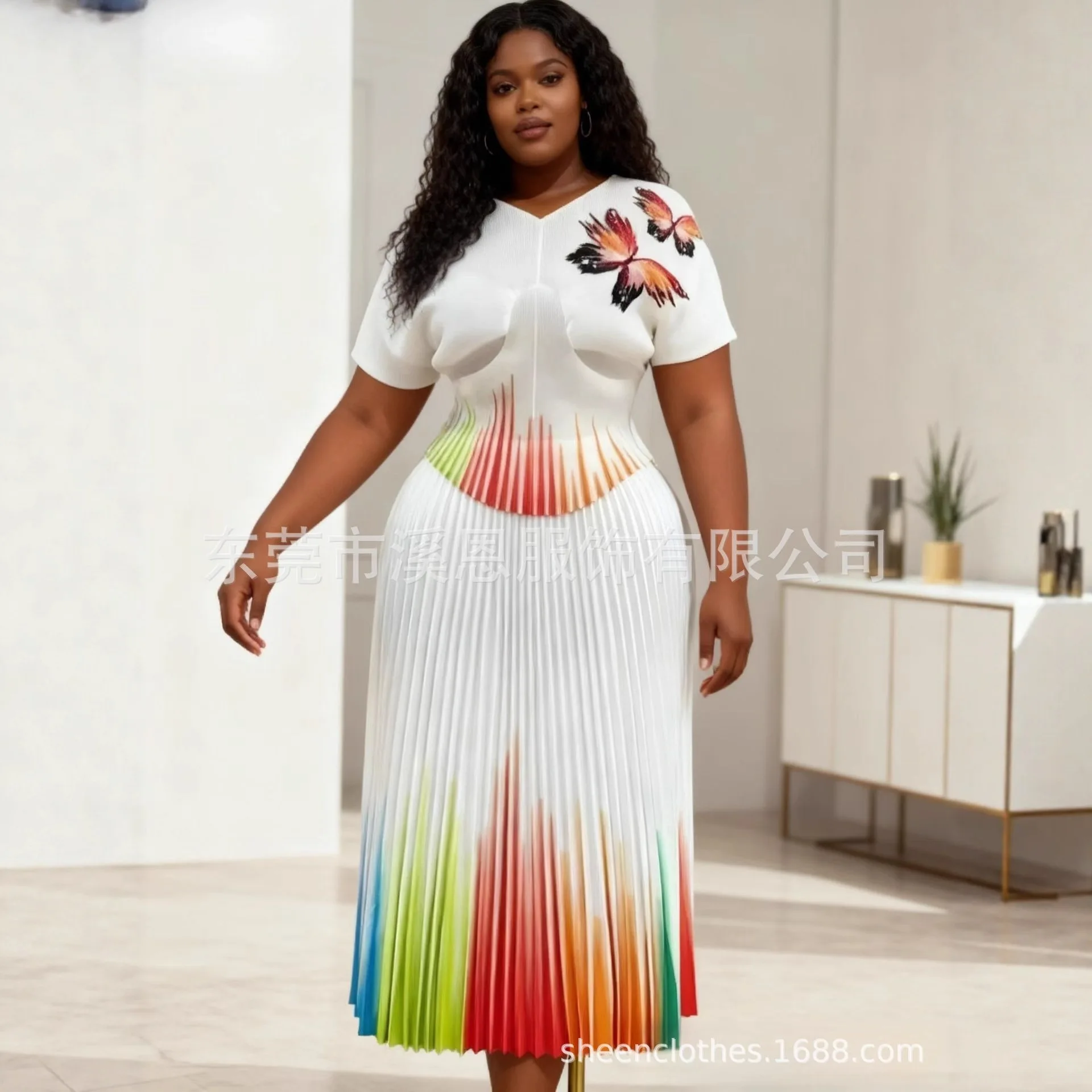 

Plus Size Women Set with Colorful Butterfly Print Top Gradient Rainbow Half Skirt Special Occasion Fashion Female Clothing