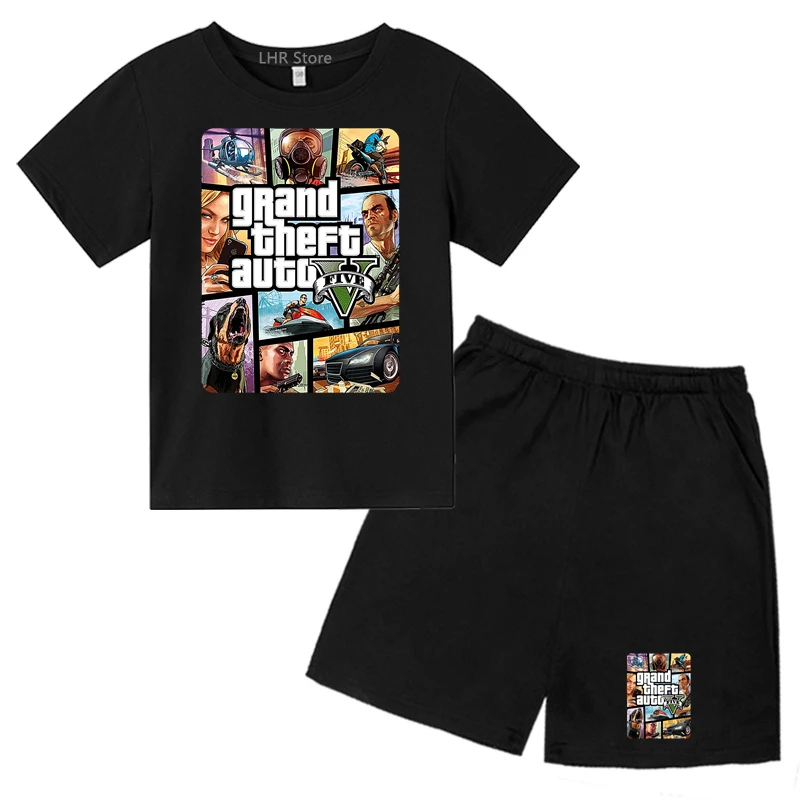 Grand Theft Auto GTA 5 camiseta y pantalones cortos para niños y niñas, conjunto de cuello redondo, moda de ocio, ropa para niños de 3 a 12 años