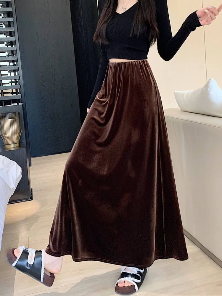 

Qiukichonson Oversize Long Skirts Womens Pleuche Skirt 2025 Autumn Winter Vintage High Waist A-Line Ruffle Pleated Skirts 3XL