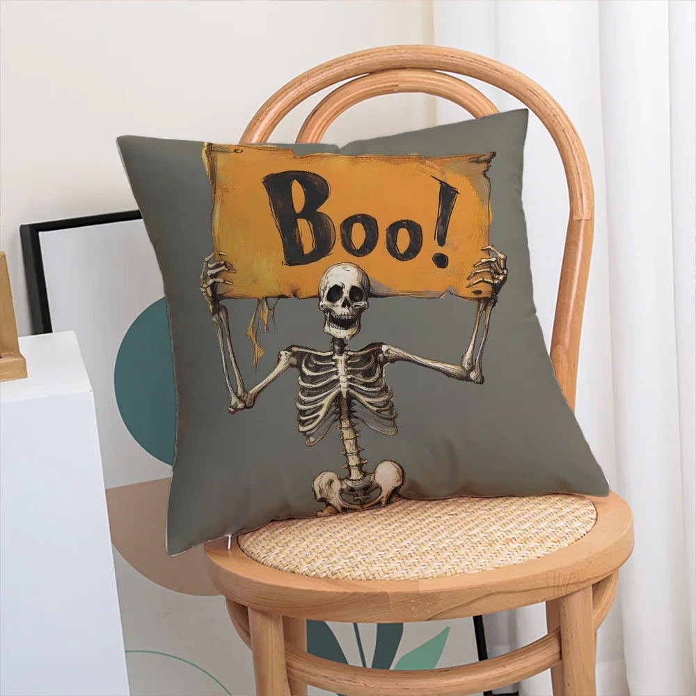 Cozy Grey Skeleton Halloween Double Sided Pillow Cover Zippered Cushion Case Sofa Bedroom Decor