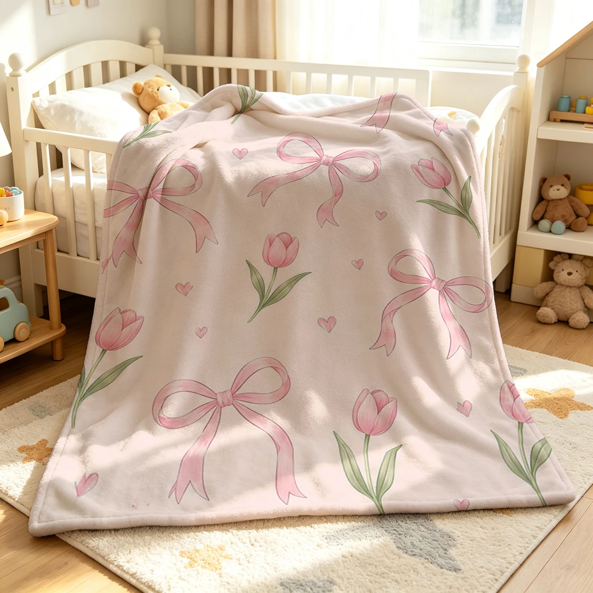 Pink Tulip Flannel Blanket Warm Soft Halloween Christmas Couch Warm Cozy Decorative Decor Gift for All Season