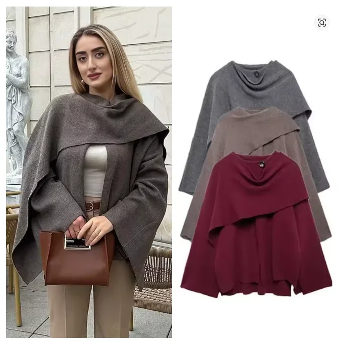 

Winter Women Oversize Knitted Sweater Buttons Female Cape Coat Female Cape Solid Long Sleeve Coat Scarf Collar Warm Women