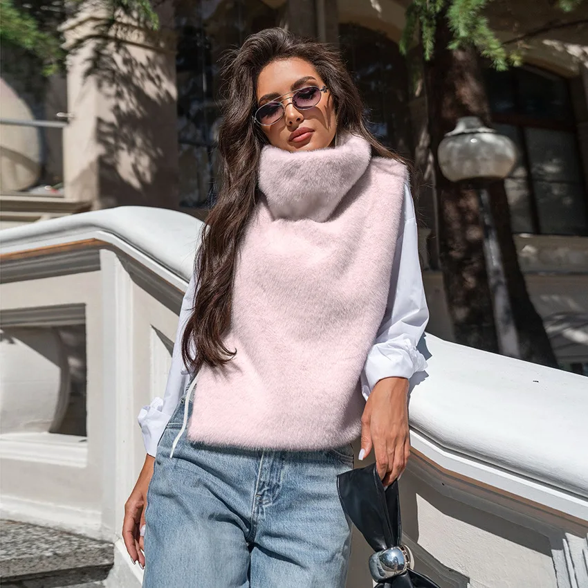 Women Faux Mink Fur Vests Coats Solid Fur Jackets Lace Up Cotton Linen Turtleneck Sleeveless Loose Fit Casual 2026 Autumn Winter