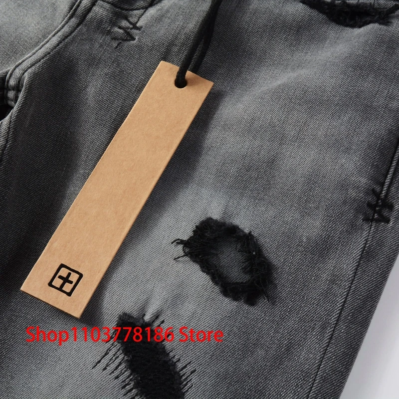 High Street Grey Splashing Ink Graffiti Ripped Embroidery Stretch Denim Pants KSUBI Cross Jeans Casual Small Feet Trousers Men