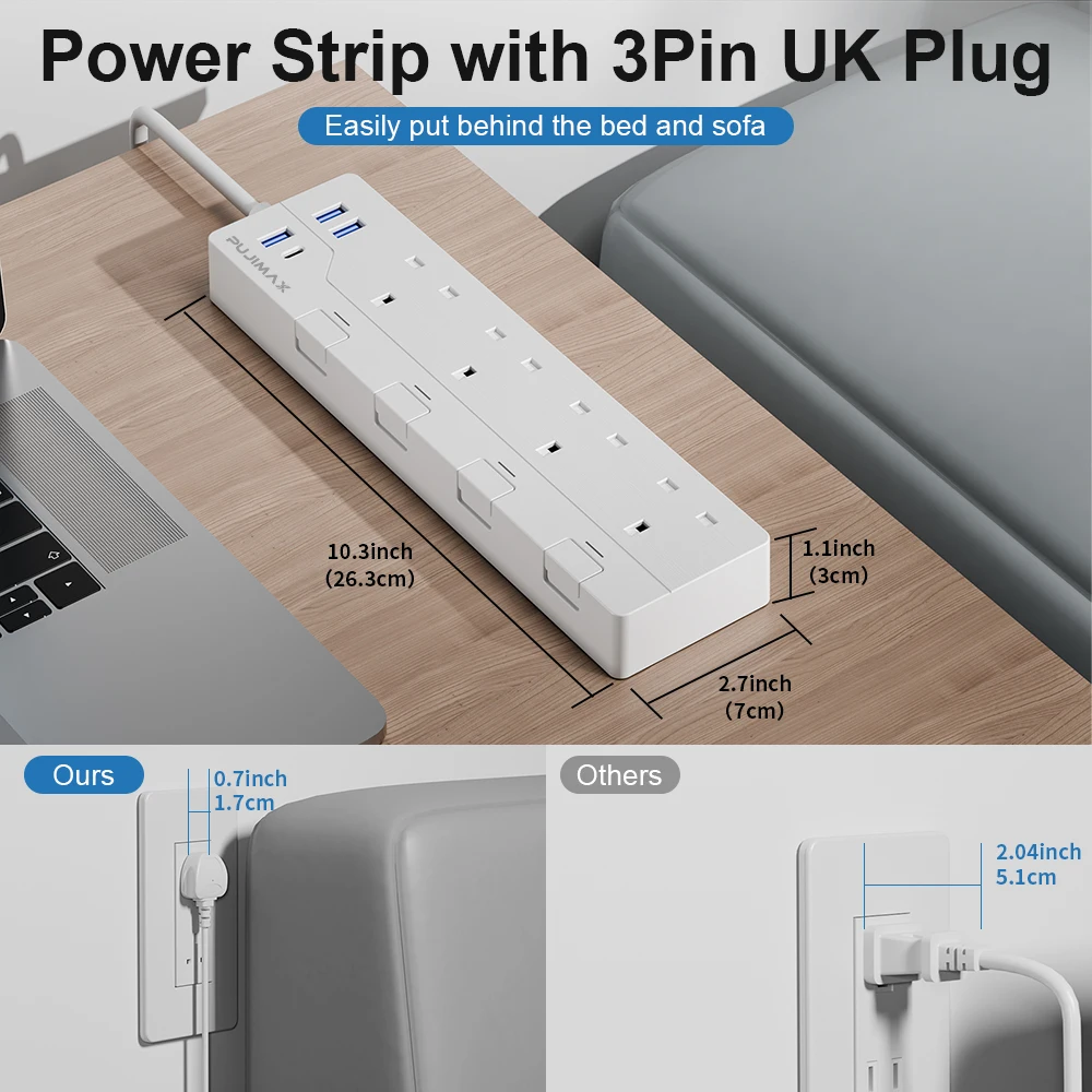 PUJIMAX Power Strip Electric Socket UK 3250W With 3USB 1TypeC Overload Protection Extension Cable 1.5M Electrical Sockets