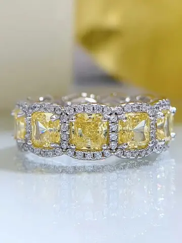 럭셔리 헤일로 하이 카본 다이아몬드 5x5mm 래디언트 컷 S925 스털링 실버 반지 옐로우 다이아몬드 웨딩 파티