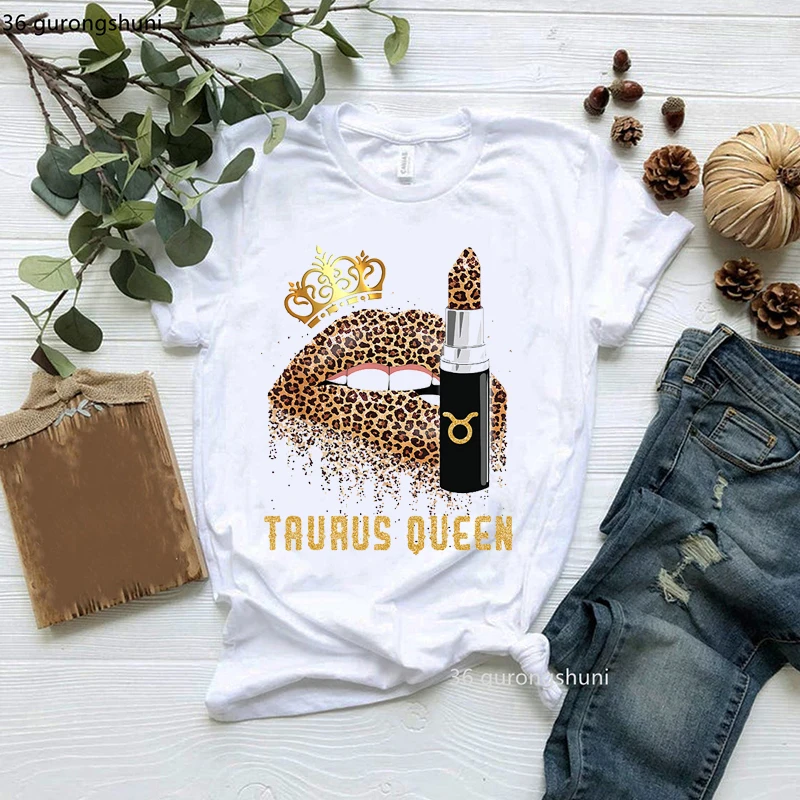 Gemini Taurus Queen Girls Lipstick Leo T Shirt Happy Birthday Leopard Lips Graphic Print T-Shirt Women Clothes Female Tees Top