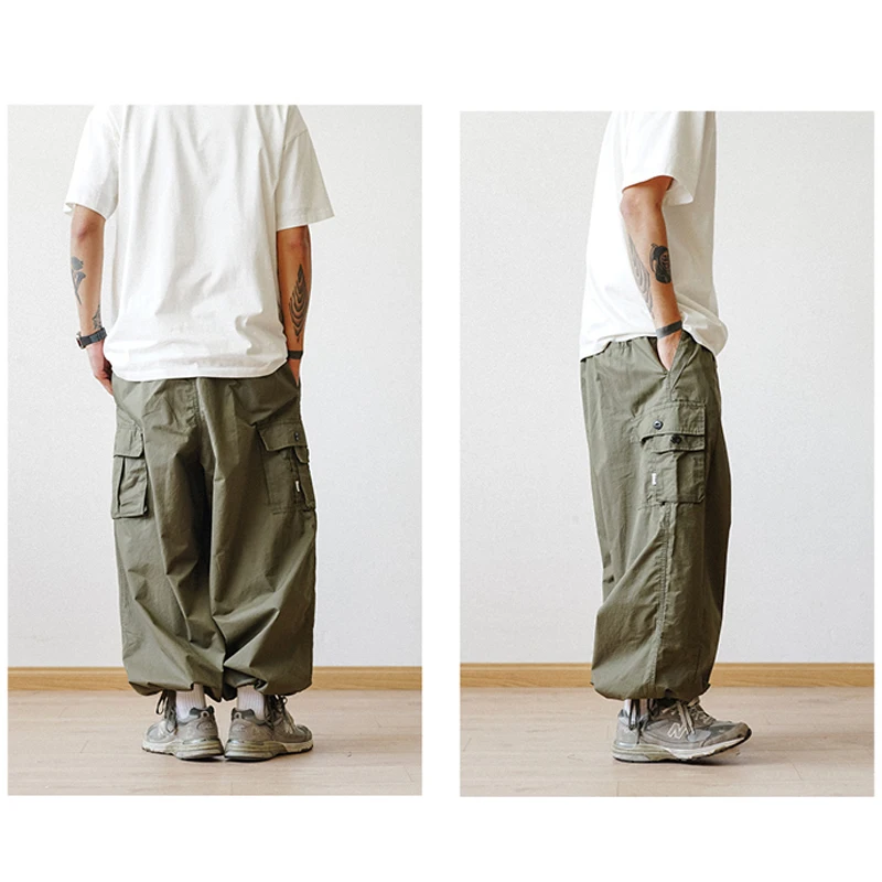 Multi-Pocket Cargo Pants Men\'s Casual Solid Colour Straight Pants Baggy Wide-leg Cropped Pants Men Ankle-length Pants