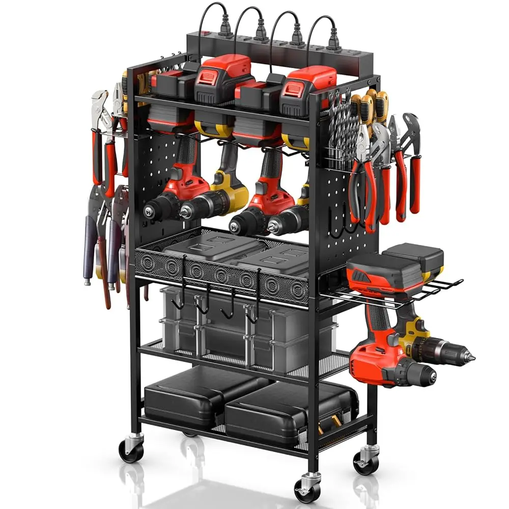

Power Tool Organizer Cart With Charging Station, Garage Floor Rolling Storage Cart On Wheels For Mechanic, Mobile 6 Drill, Tool