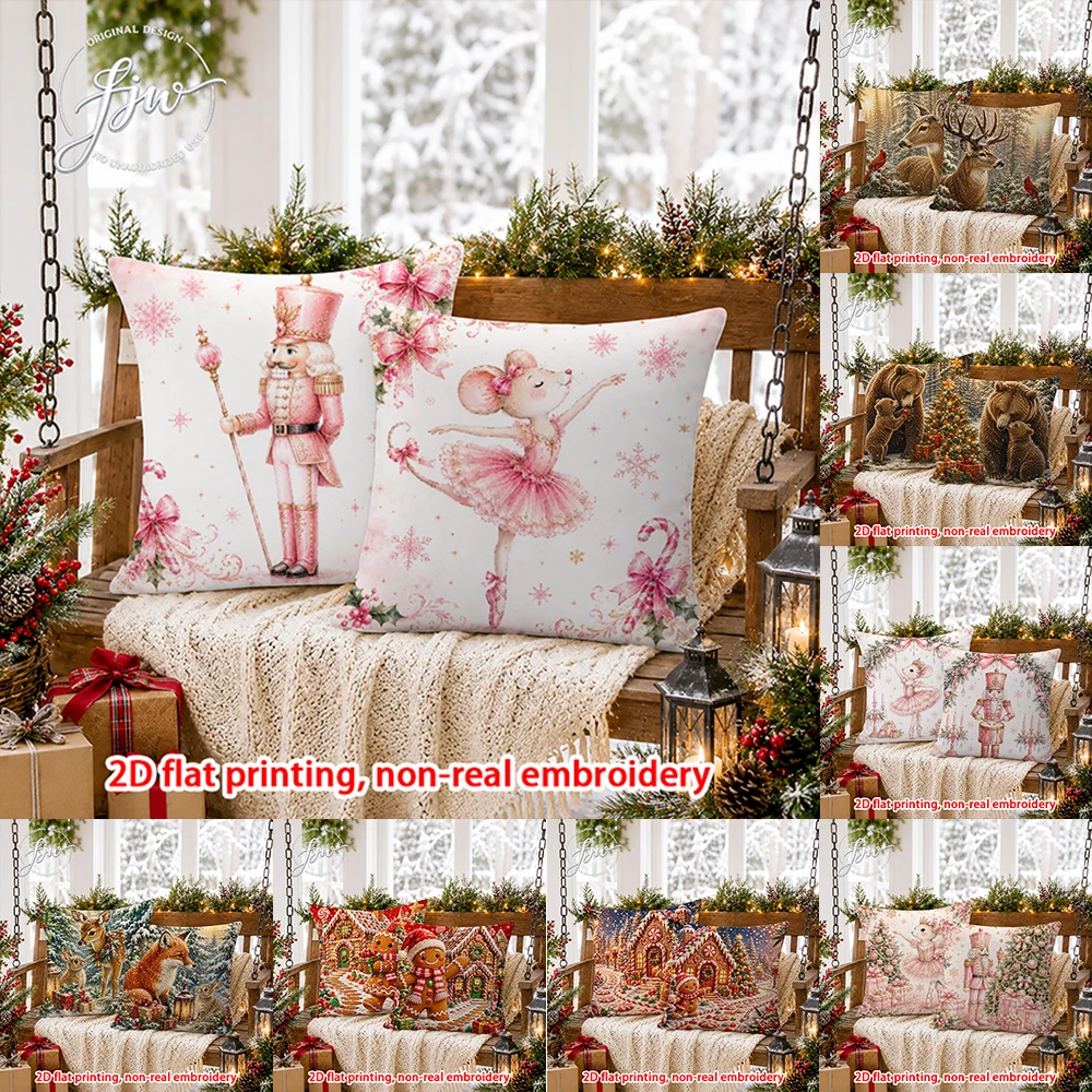 2D FLAT-2PCS Christmas Pink Nutcracker Mouse Throw Pillow Covers Sofa bedroom porch New Year decoration only pillowcase