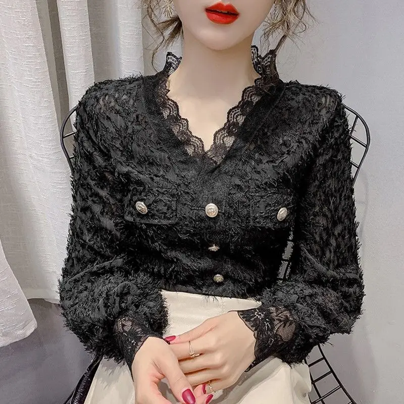 2023 New Spring Fashion Celebrity Temperament Tassel V-Neck Lace Shirt Women\'s Long Sleeve Foreigner Style Underlay Top Bottom