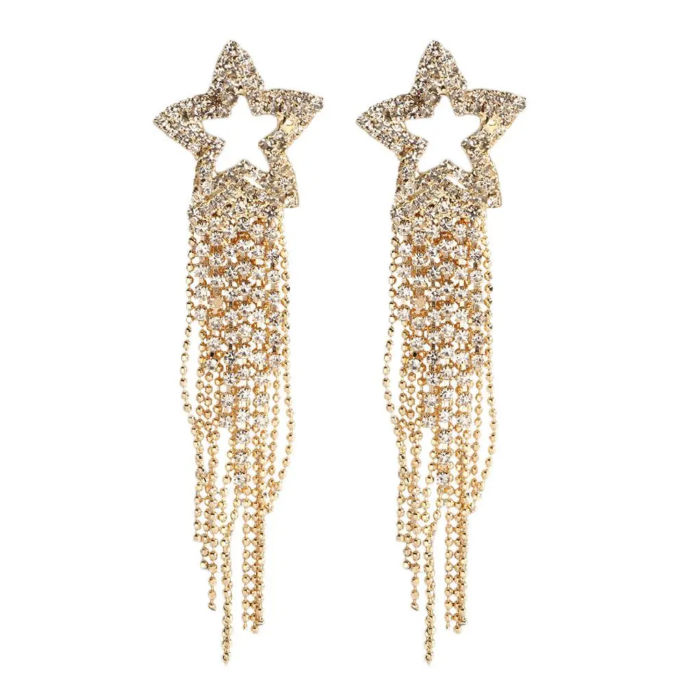 여성을위한 긴 프린지 패션 술 선물 골드 실버 컬러 크리스탈 스타 쥬얼리 드롭 귀걸이 댕글 귀걸이 스터드 귀걸이