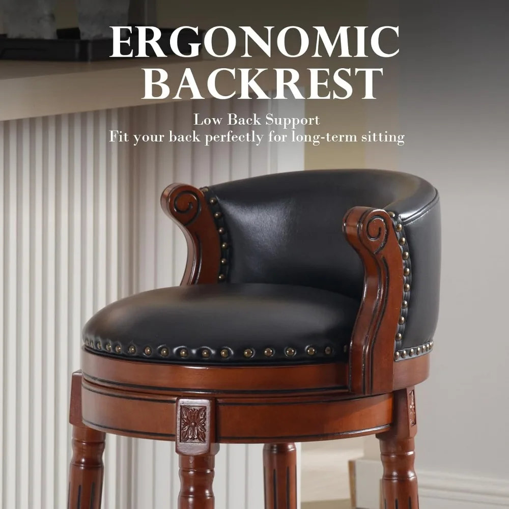 مقاعد جلدية دوارة مع مسند للقدمين: جلد أسود محبب بالكامل وقاعدة خشبية للمطبخ وتناول الطعام وغرفة المعيشة #3