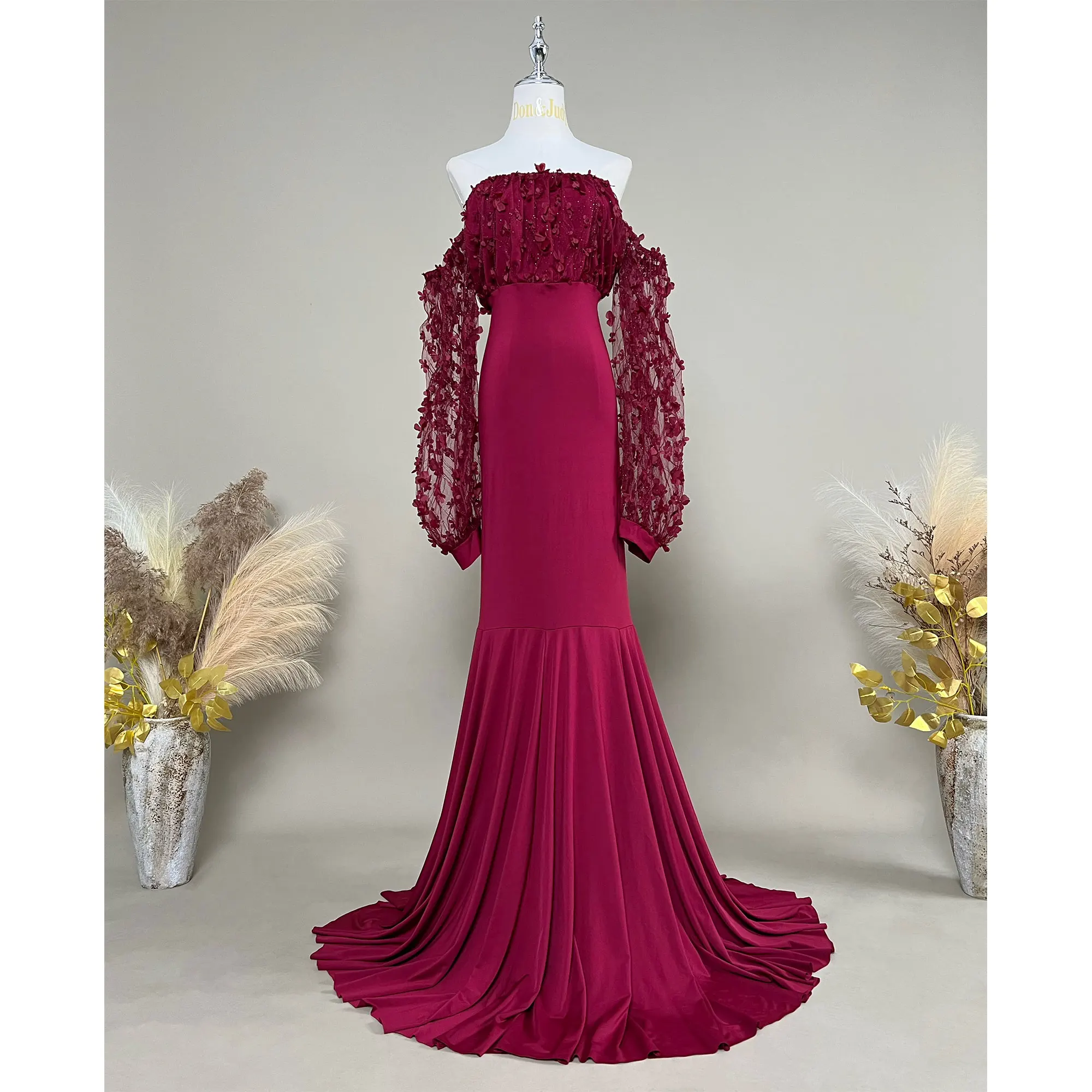 

Maternity Dresses Sexy Burgundy Strapless Sishtail Long Sleeve Dress For Pregnant Women Wedding Party Gown Woman Photography