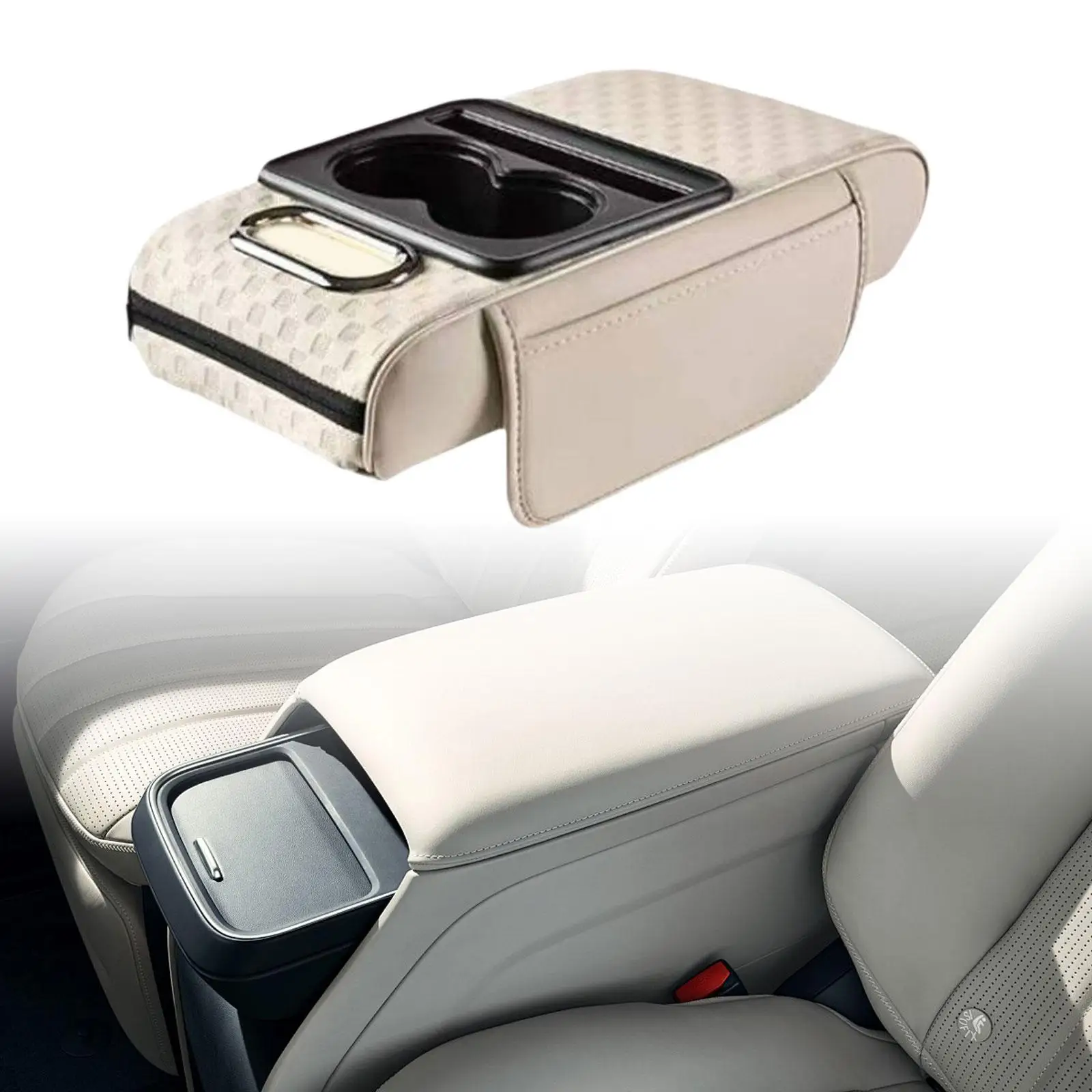 

Multifunction PVC Leather Car Armrest Cushion with Organizer Slot Cup Holder Universal Center Console Cover for Seats