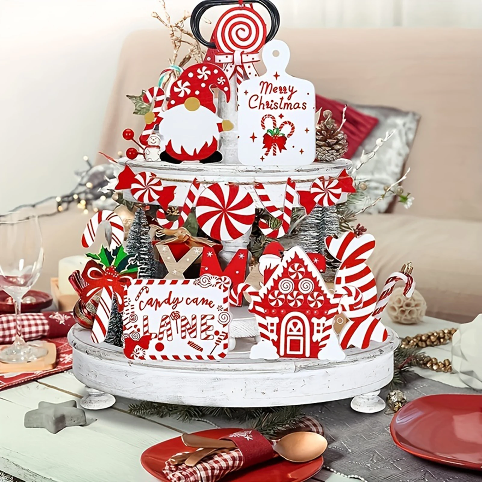 11pcs Holiday Tiered Tray Decor Candies Cane Lane Wooden Signs Home Bedroom Living Room Tiered Tray Ornament Set Christmas Gifts